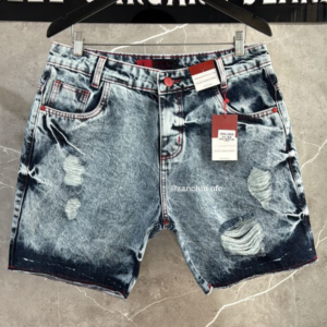 Bermuda Jeans Premium | Lavagem Marmorizada com Detalhes em Vermelho
